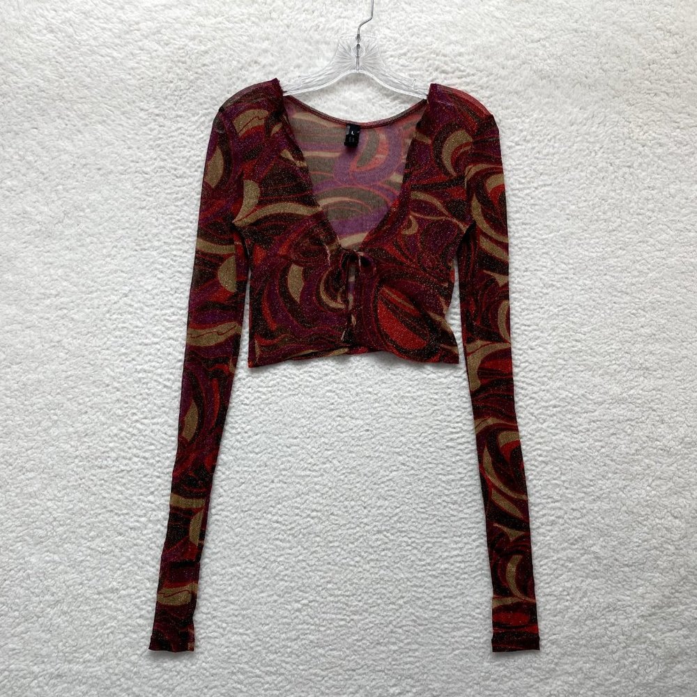 Crop Tie Front Cardigan Top M L Medium Large Womens Glitter Sparkly Mesh Pattern